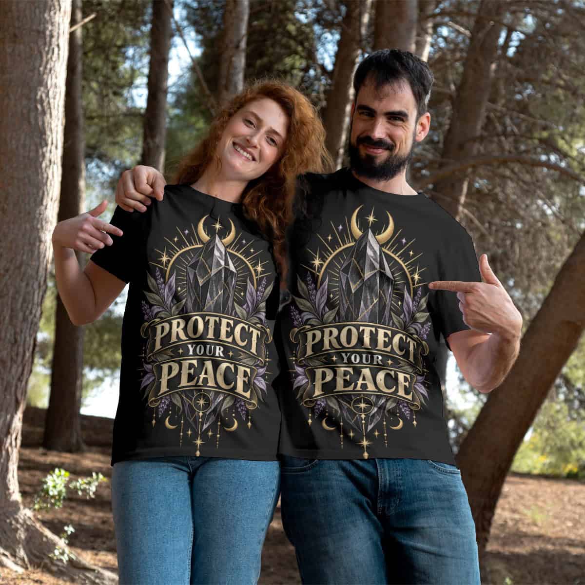 Couple wearing Urbanjoy Protect Your Peace T-shirts in forest setting.