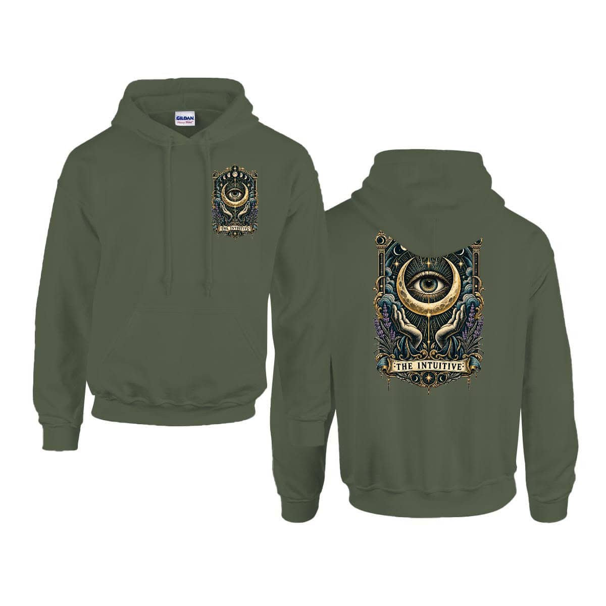 Green graphic hoodie featuring a detailed eye and mystical design for urban fashion.