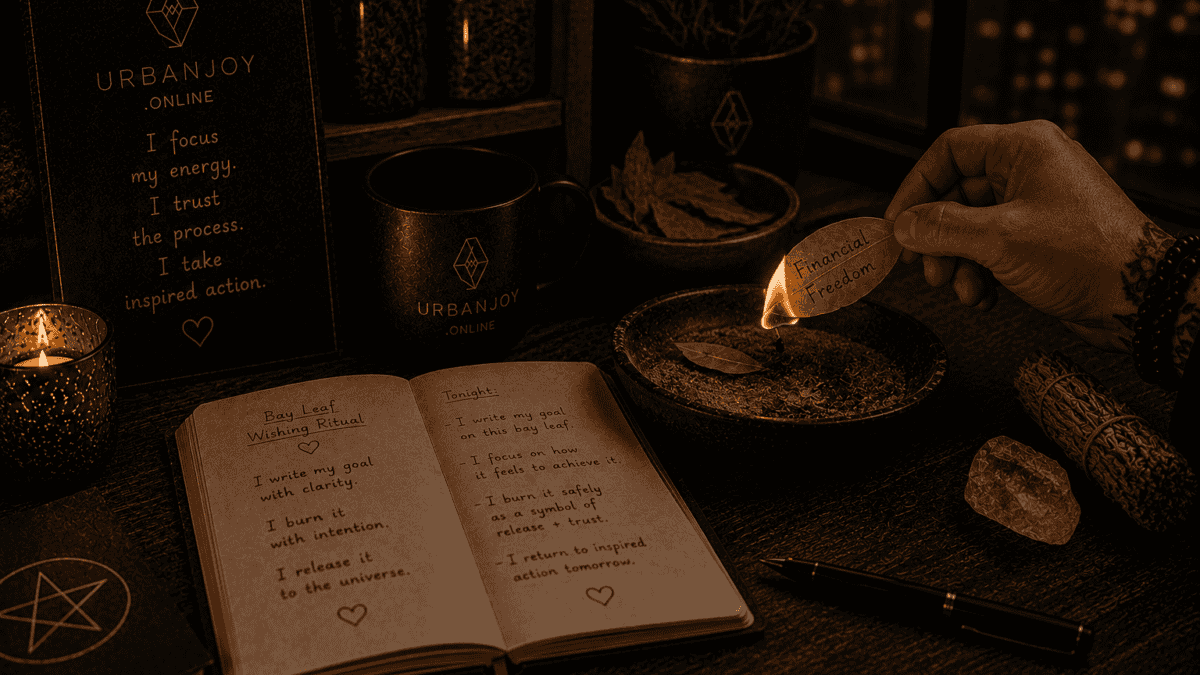 Bay leaf wishing ritual dried leaf beside a lit candle and fire-safe dish