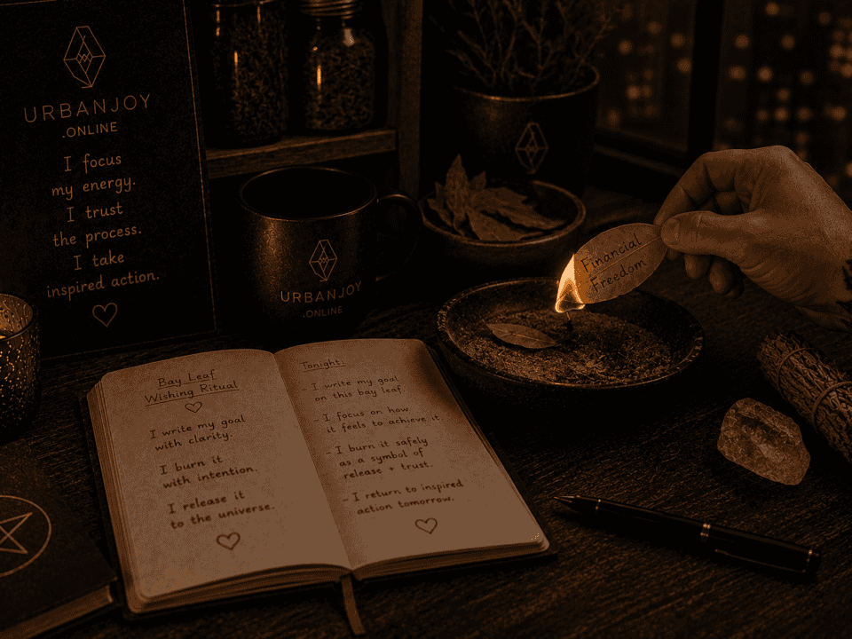 Bay leaf wishing ritual dried leaf beside a lit candle and fire-safe dish