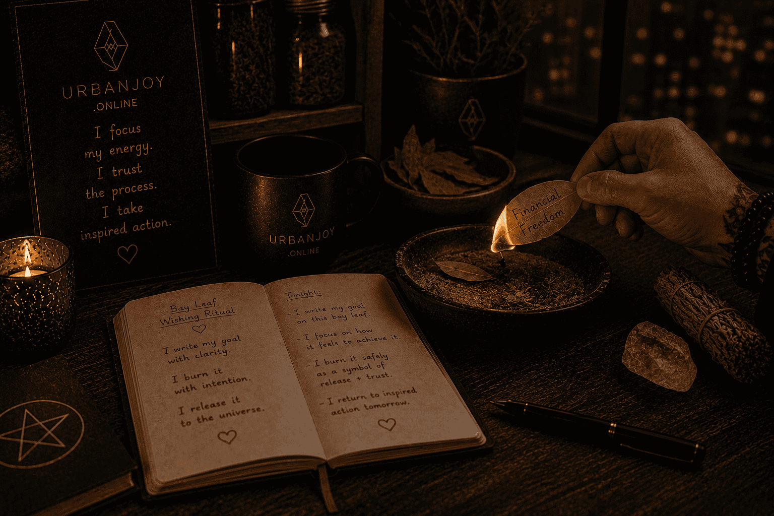 Bay leaf wishing ritual dried leaf beside a lit candle and fire-safe dish