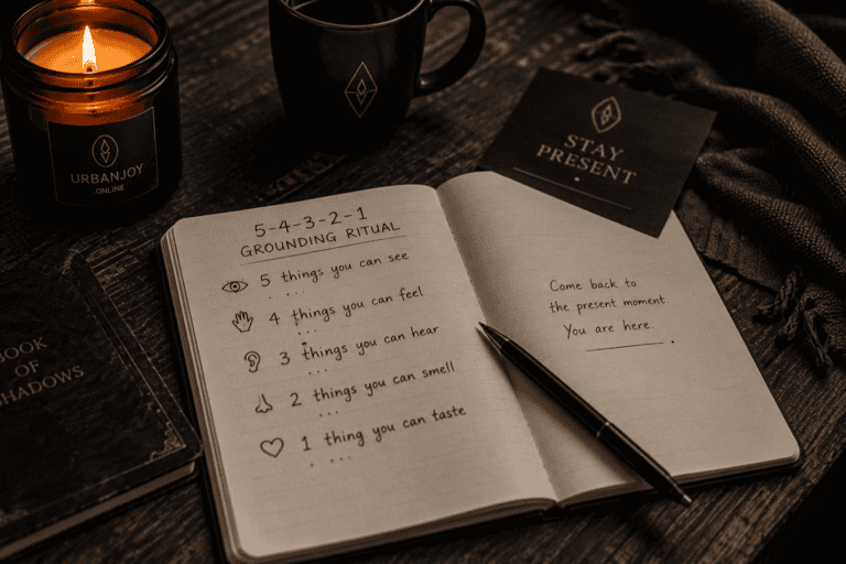 A Beginner's Five-Senses Grounding Ritual for Staying Present 1 Five-senses grounding ritual objects laid out on a wooden floor in warm natural light