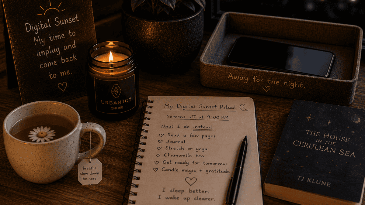 A Digital Sunset Ritual: Unplugging for Better Rest 6 Digital sunset ritual smartphone face-down in a wooden bowl beside a lit candle and open book