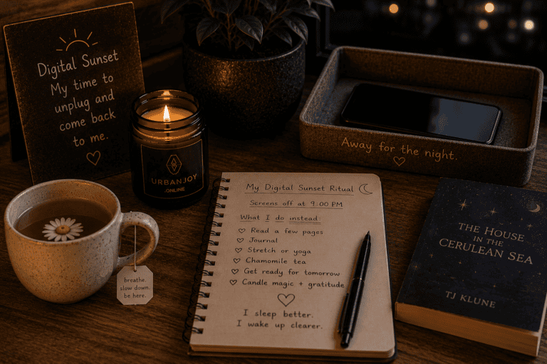 A Digital Sunset Ritual: Unplugging for Better Rest 3 Digital sunset ritual smartphone face-down in a wooden bowl beside a lit candle and open book