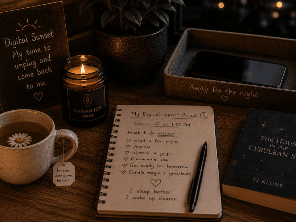 A Digital Sunset Ritual: Unplugging for Better Rest 10 Digital sunset ritual smartphone face-down in a wooden bowl beside a lit candle and open book