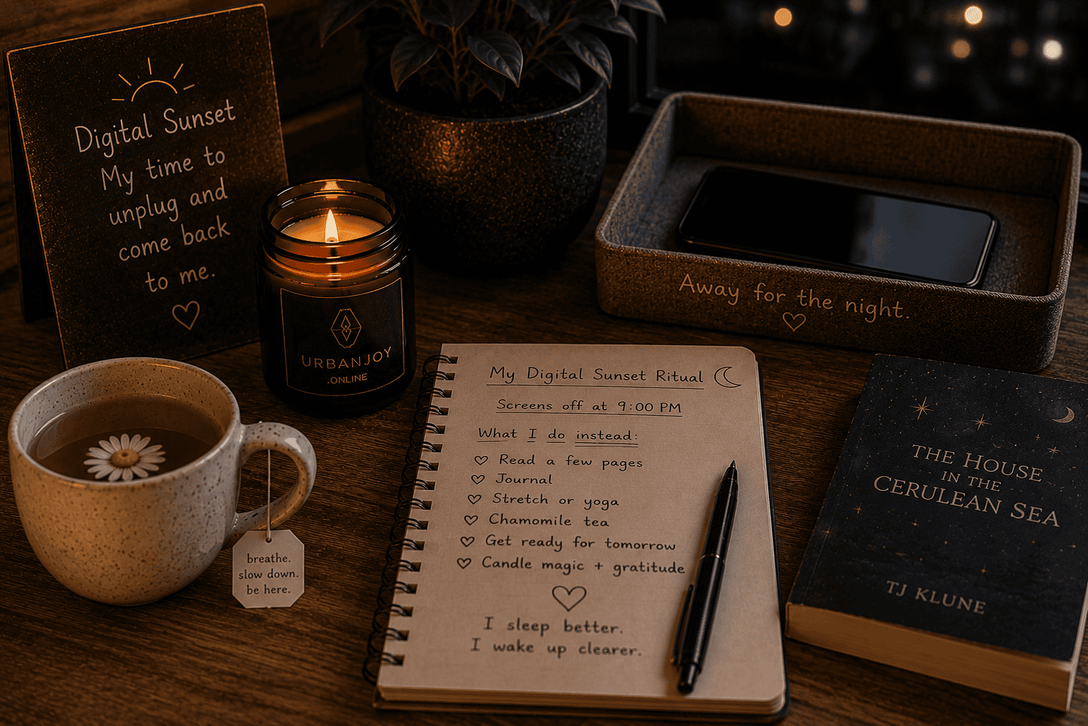 A Digital Sunset Ritual: Unplugging for Better Rest 7 Digital sunset ritual smartphone face-down in a wooden bowl beside a lit candle and open book