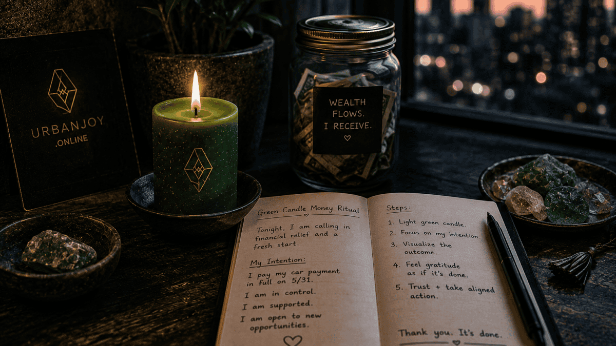 A Green Candle Money Ritual for New Beginnings 6 Green candle money ritual lit pillar candle with coins on a dark wooden surface