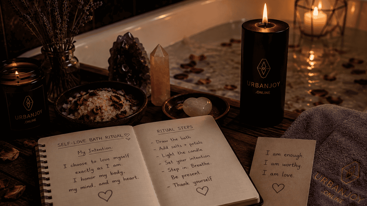 A Self-Love Bath Ritual for Nights I Need to Reconnect 6 Self-love bath ritual with rose petals scattered in bathwater and a candle on the tub's edge