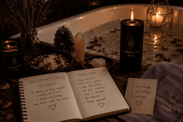A Self-Love Bath Ritual for Nights I Need to Reconnect 5 Self-love bath ritual with rose petals scattered in bathwater and a candle on the tub's edge