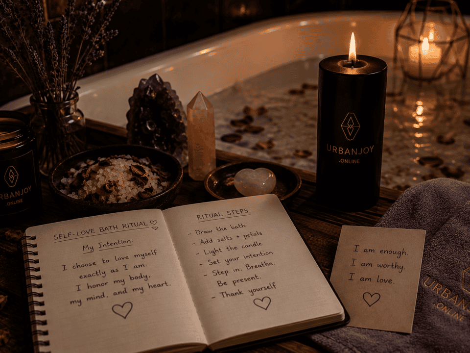 Self-love bath ritual with rose petals scattered in bathwater and a candle on the tub's edge