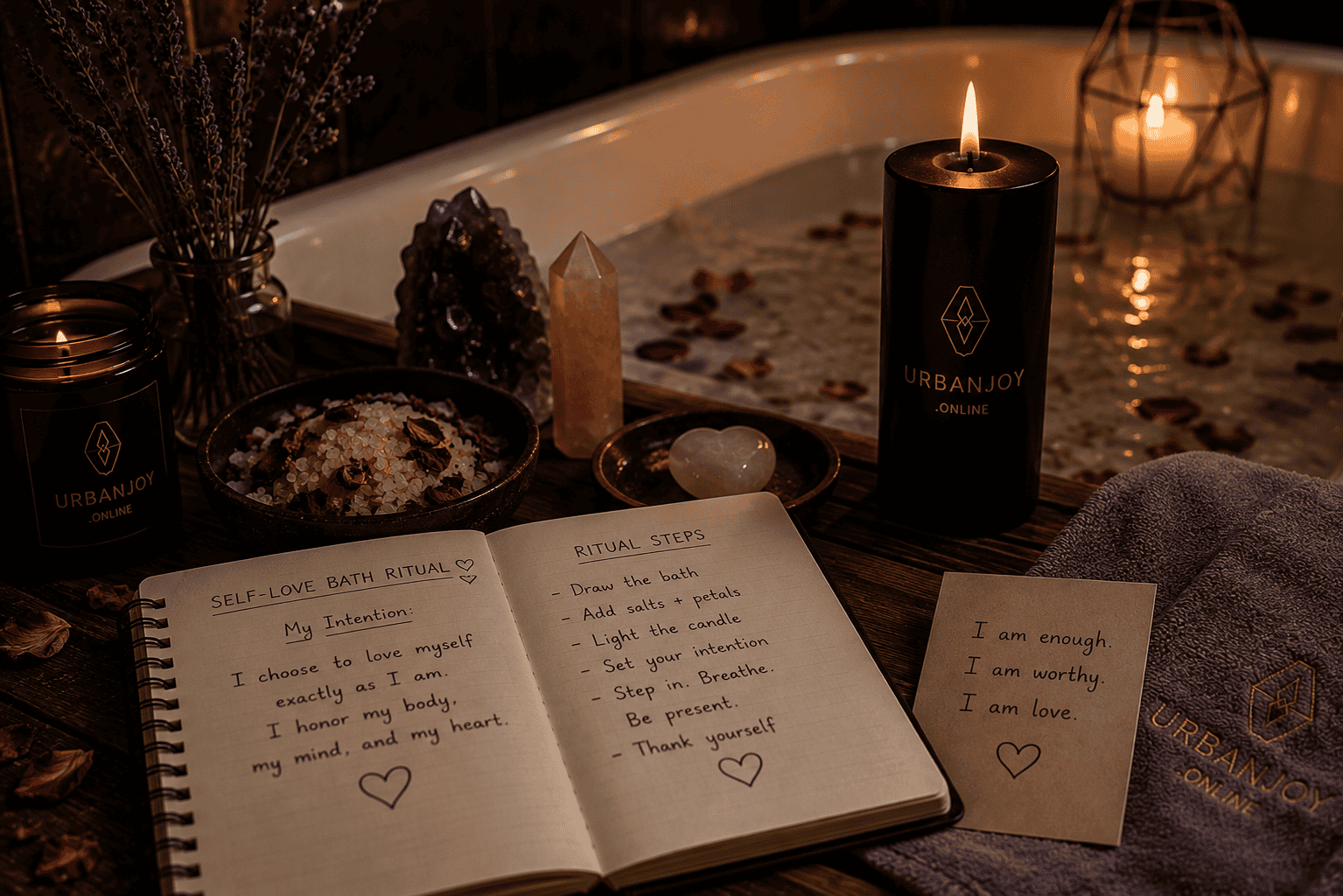 A Self-Love Bath Ritual for Nights I Need to Reconnect 7 Self-love bath ritual with rose petals scattered in bathwater and a candle on the tub's edge