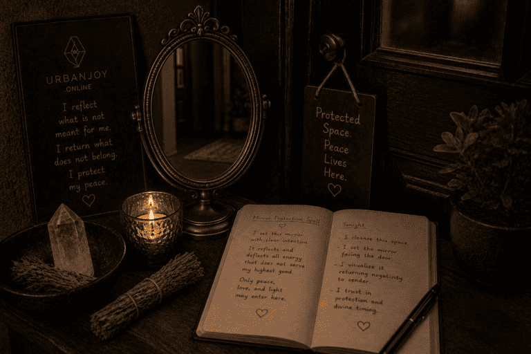 Mirror protection spell small ornate mirror angled toward a doorway with candlelight