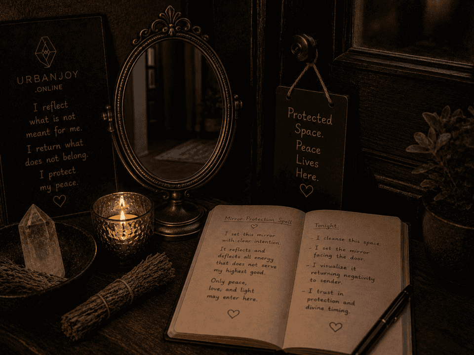 Mirror protection spell small ornate mirror angled toward a doorway with candlelight
