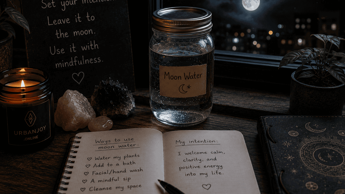 Moon water ritual jar of water on a windowsill under moonlight with small crystals