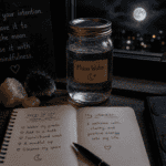 A Simple Moon Water Ritual for Beginners 5 Moon water ritual jar of water on a windowsill under moonlight with small crystals