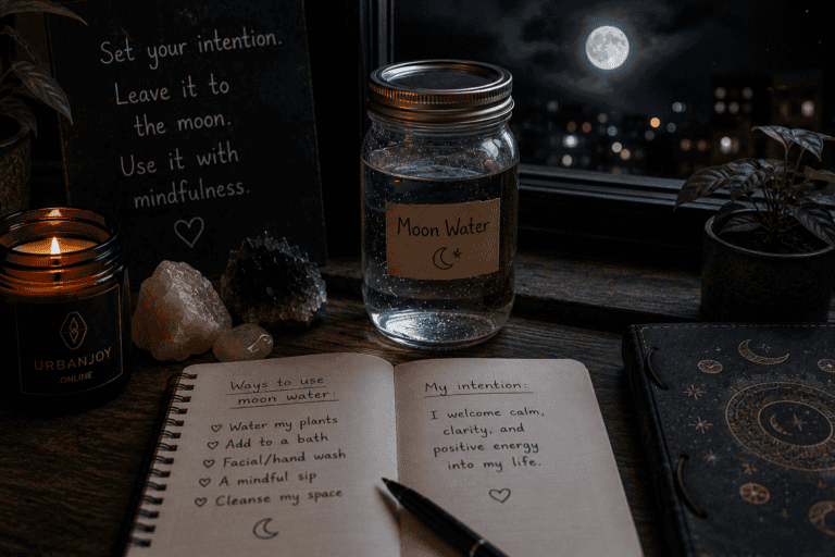 Moon water ritual jar of water on a windowsill under moonlight with small crystals