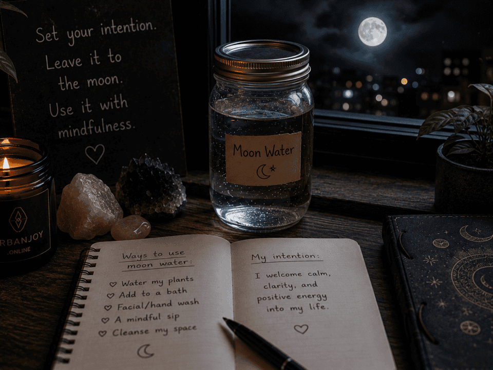 Moon water ritual jar of water on a windowsill under moonlight with small crystals