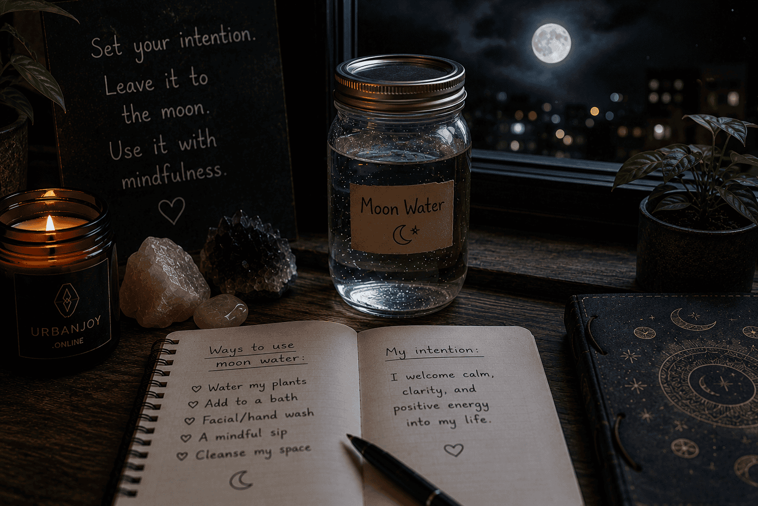 Moon water ritual jar of water on a windowsill under moonlight with small crystals