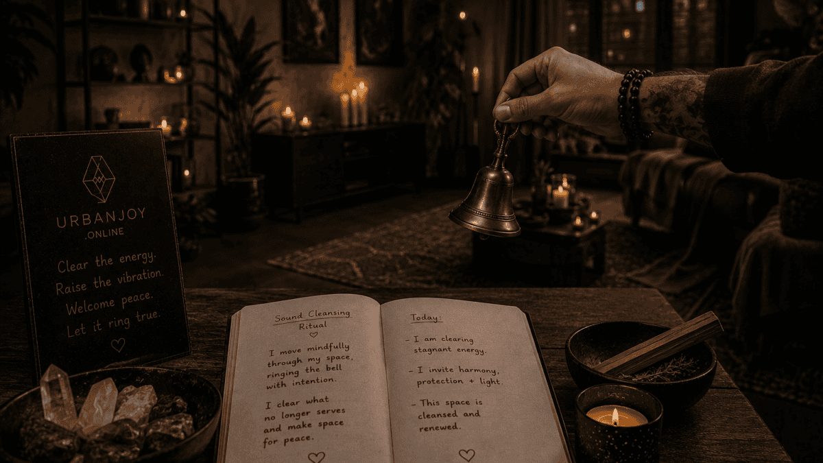 Sound cleansing ritual small brass bell on a dark wooden table beside a lit candle