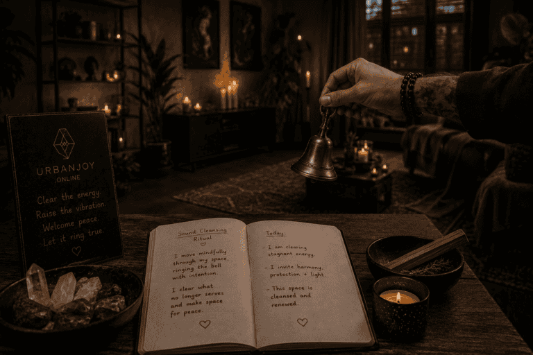 Sound cleansing ritual small brass bell on a dark wooden table beside a lit candle