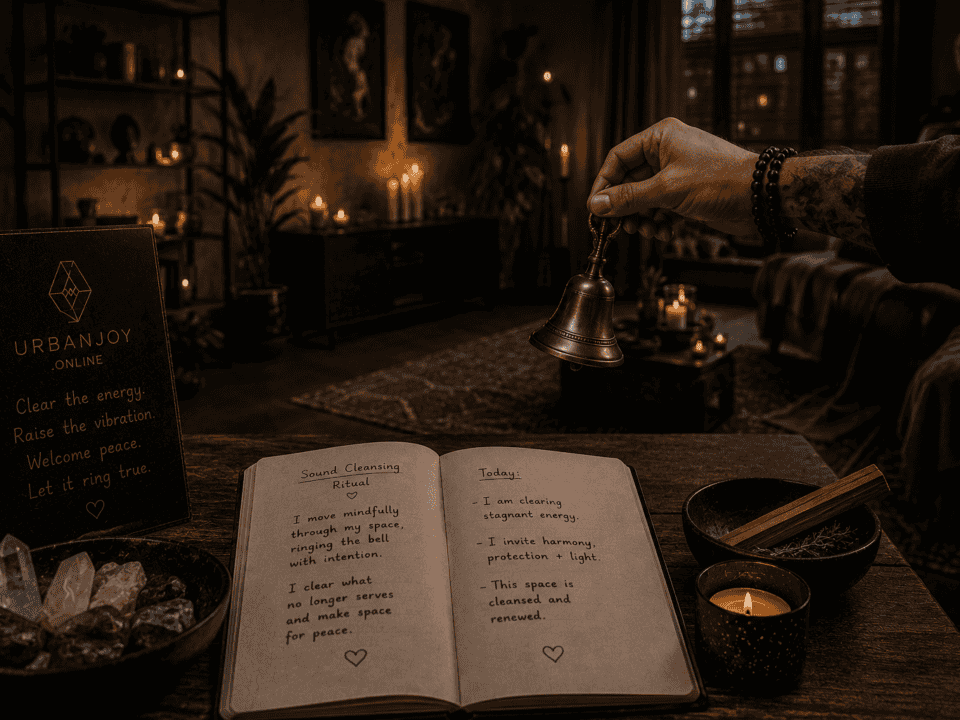 Sound cleansing ritual small brass bell on a dark wooden table beside a lit candle
