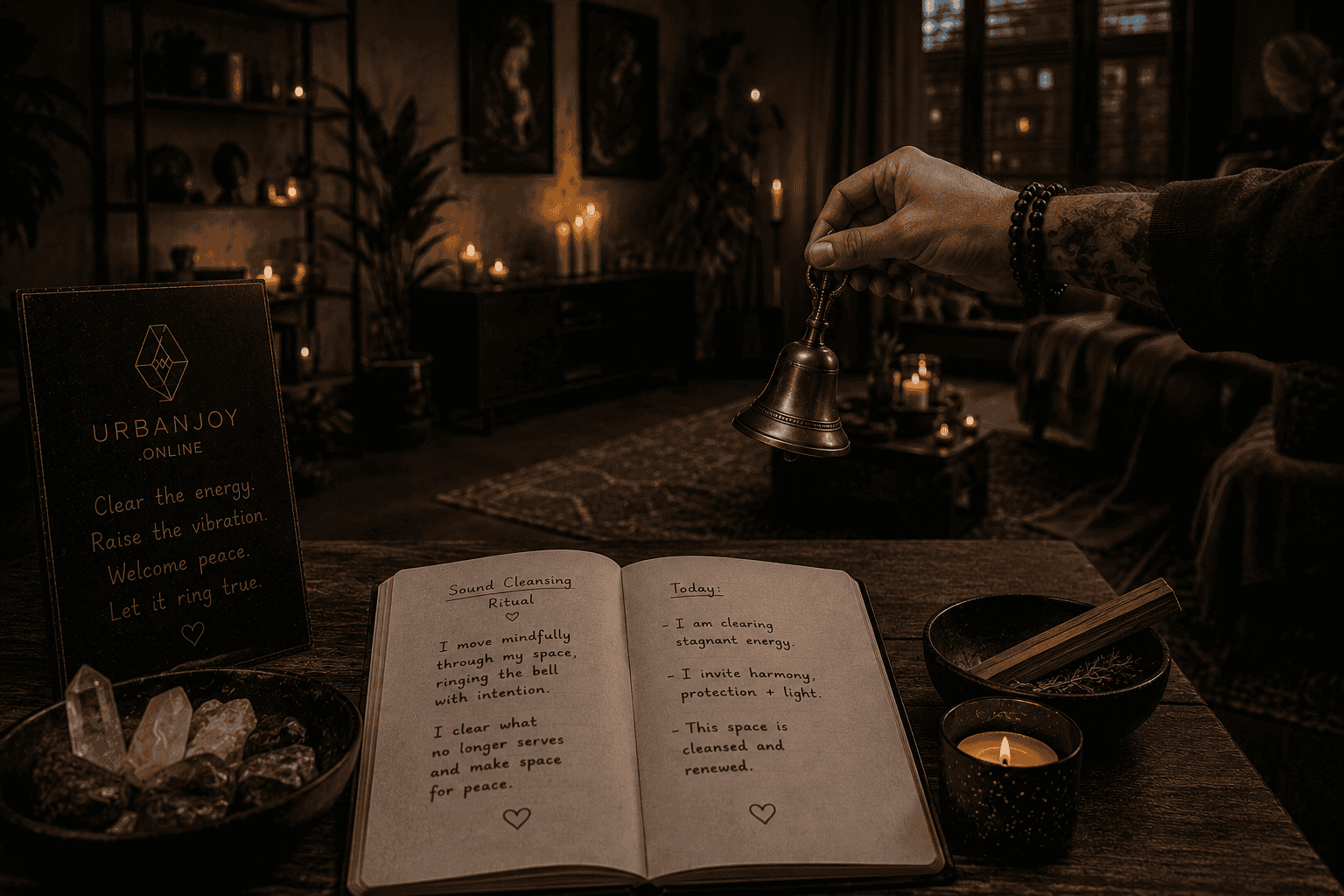 Sound cleansing ritual small brass bell on a dark wooden table beside a lit candle