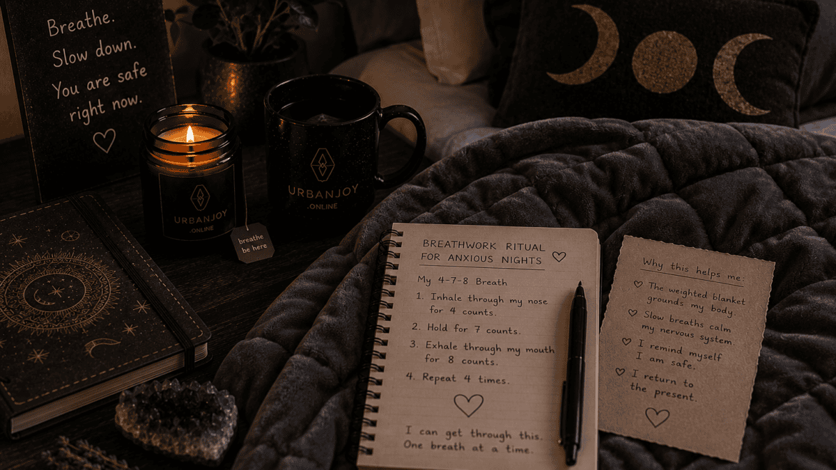 A Weighted Blanket and Breathwork Ritual for Anxious Nights 6 Breathwork ritual for anxious nights weighted blanket on a bed with dim lamplight and a candle
