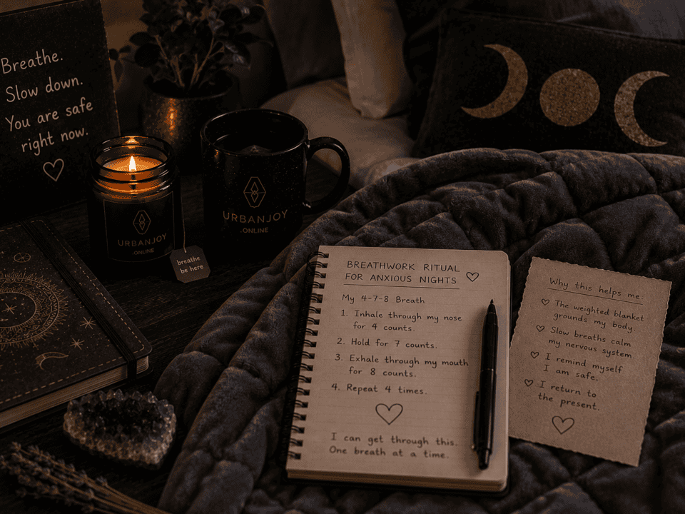 Breathwork ritual for anxious nights weighted blanket on a bed with dim lamplight and a candle