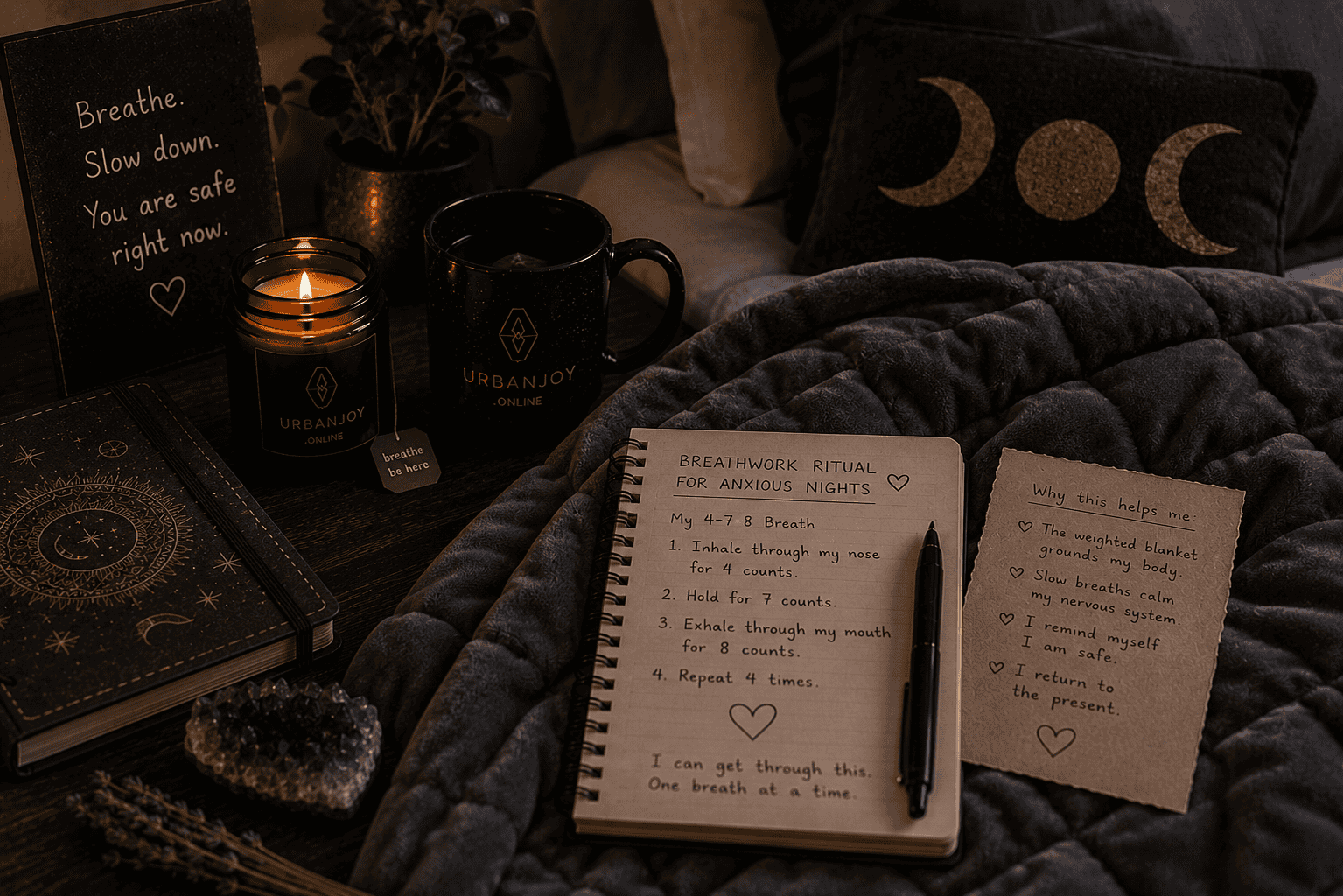 A Weighted Blanket and Breathwork Ritual for Anxious Nights 7 Breathwork ritual for anxious nights weighted blanket on a bed with dim lamplight and a candle