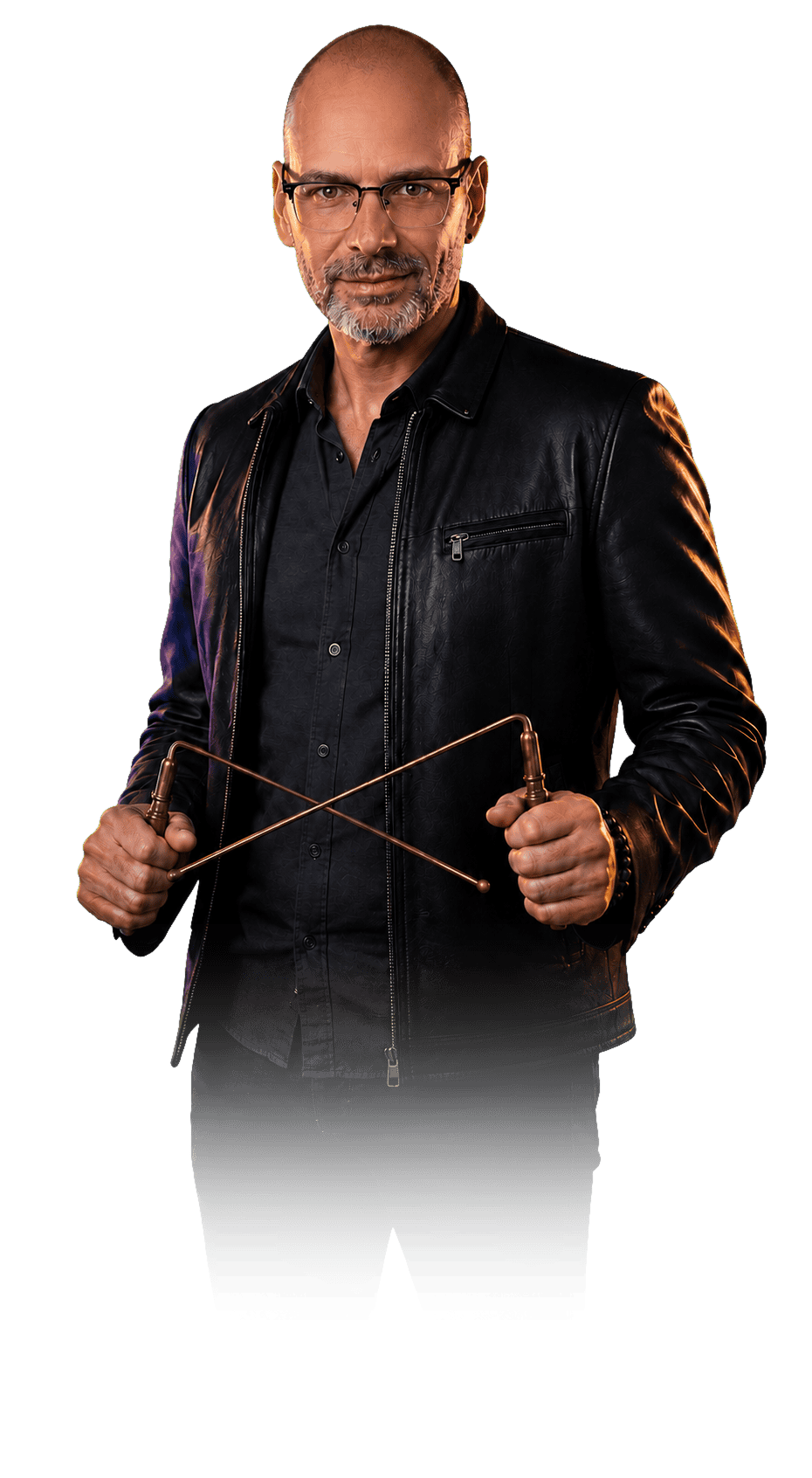 Man with glasses wearing a black leather jacket holding a string.