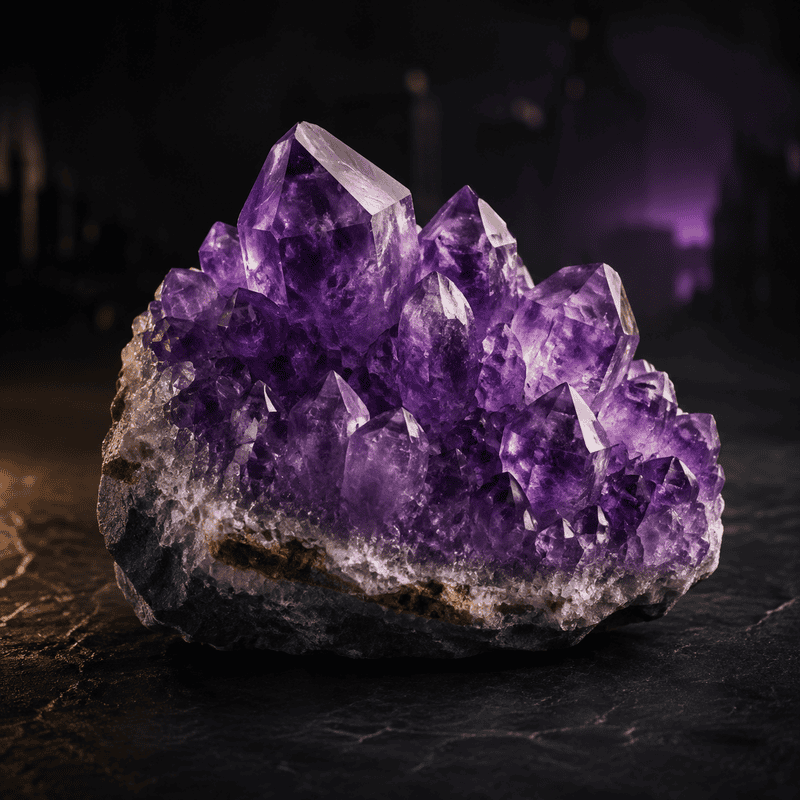 Purple amethyst crystal cluster with sharp points on dark background.