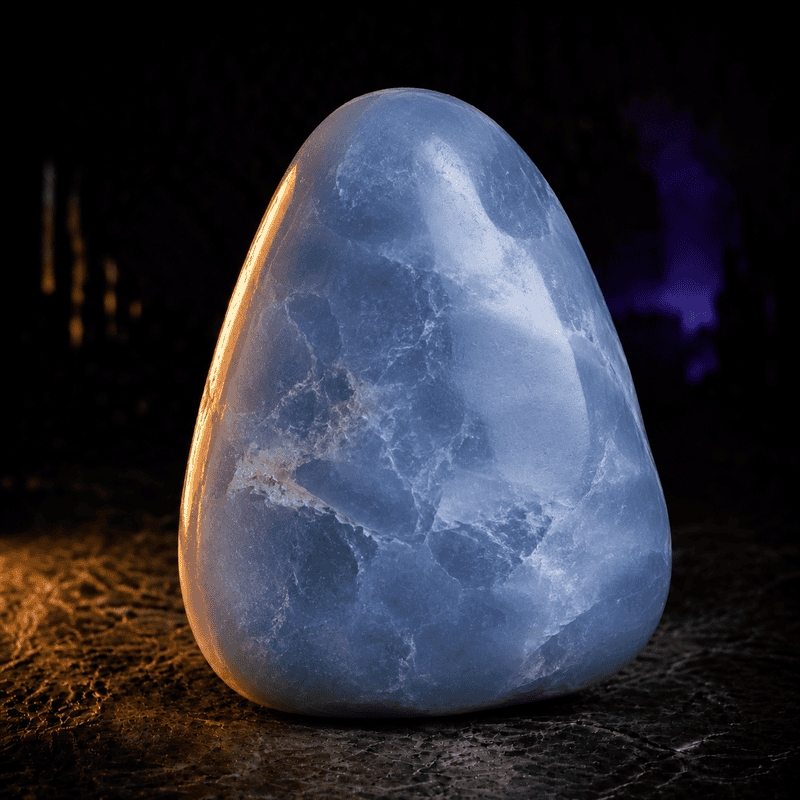 Lunar-inspired stone sculpture illuminated in a dark setting.