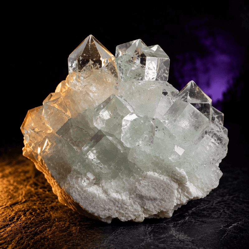 Beautiful clear quartz crystal cluster on dark background for healing and meditation.