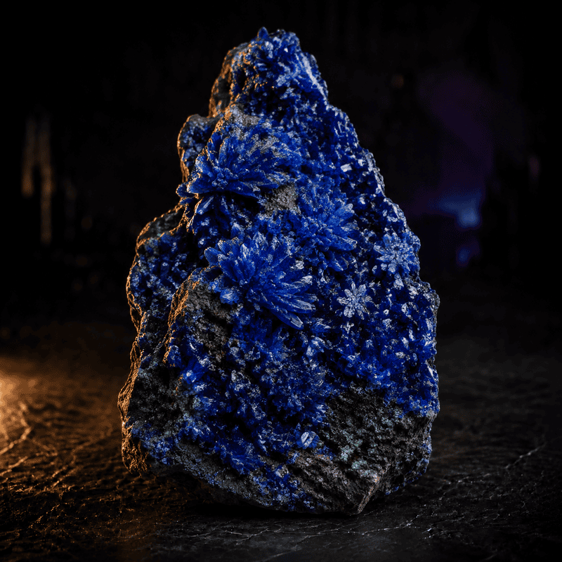 Close-up of a vibrant blue crystal mineral with intricate textures on a dark background.