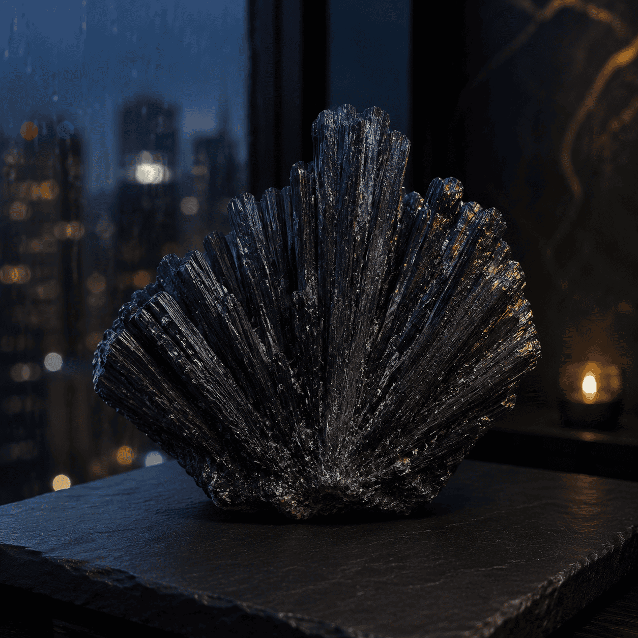 Black crystal decor piece on a dark surface with city lights in background.