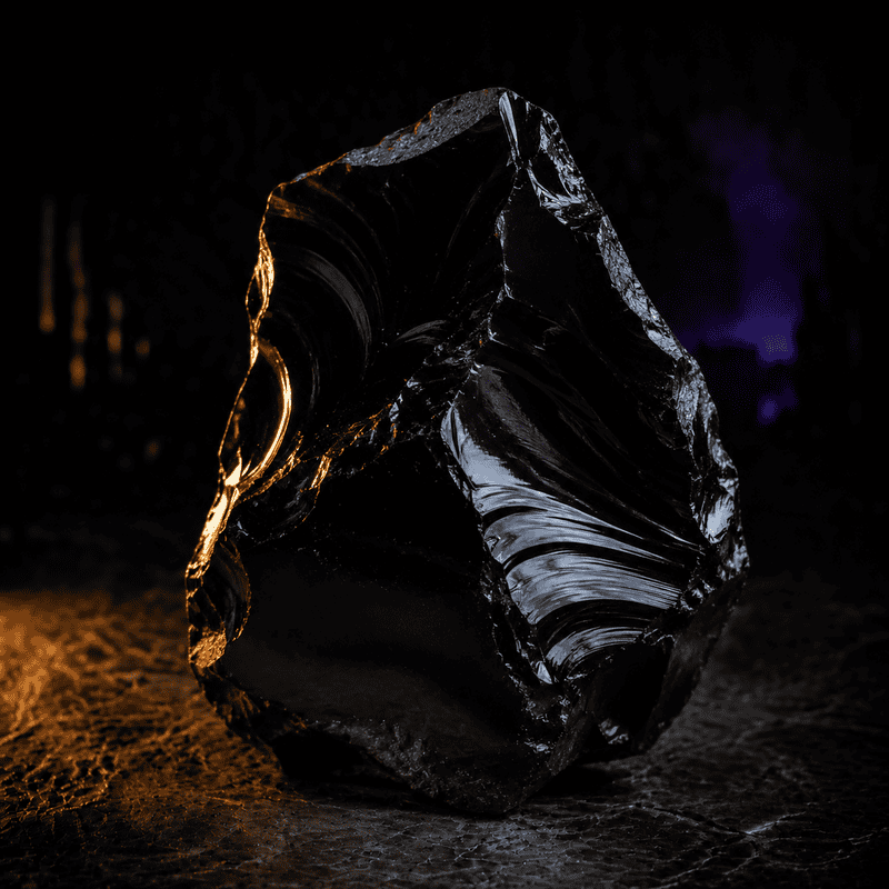 Close-up of a black obsidian crystal with reflective surfaces and sharp edges.