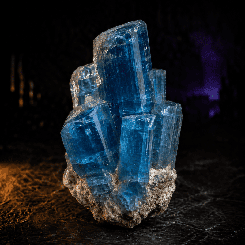 Vivid blue crystal mineral with intricate structure on dark background.