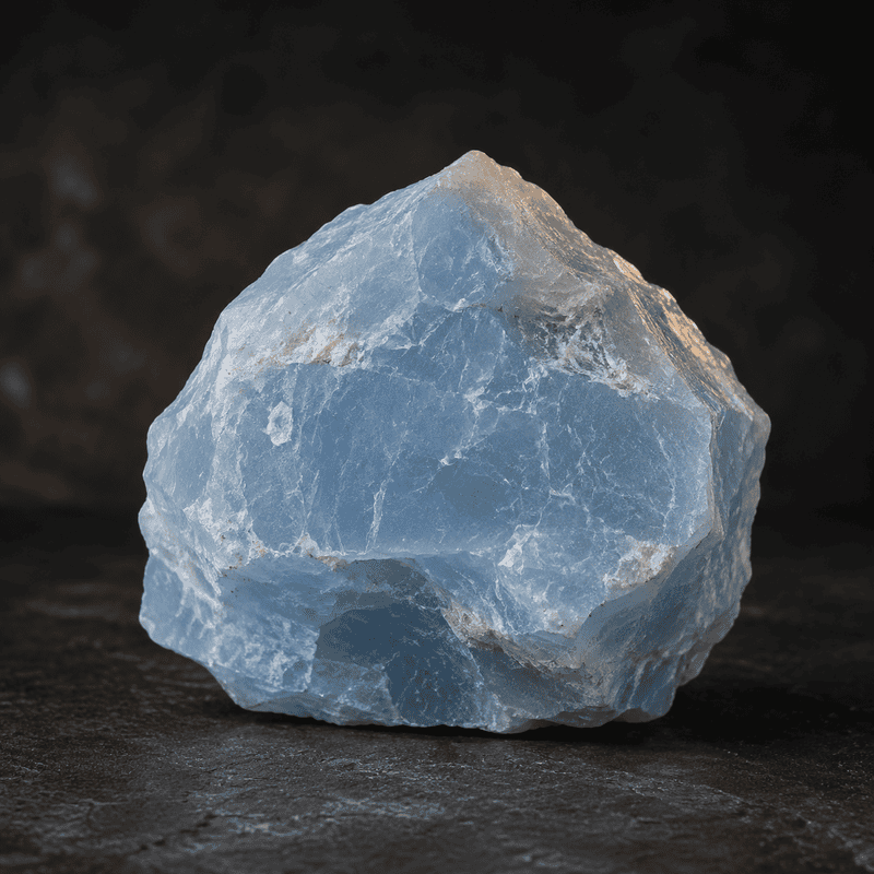 Close-up of a blue quartz crystal stone on dark background.