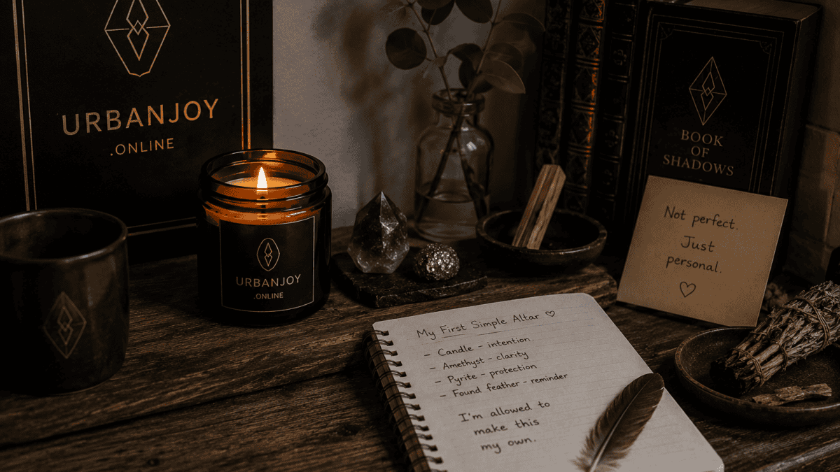 Building My First Simple Altar as a Complete Beginner 6 First simple altar for beginners on a bookshelf corner with a candle, raw crystal, and small dish