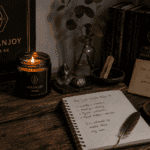 First simple altar for beginners on a bookshelf corner with a candle, raw crystal, and small dish
