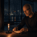 Man reading a book by candlelight during a rainy night.