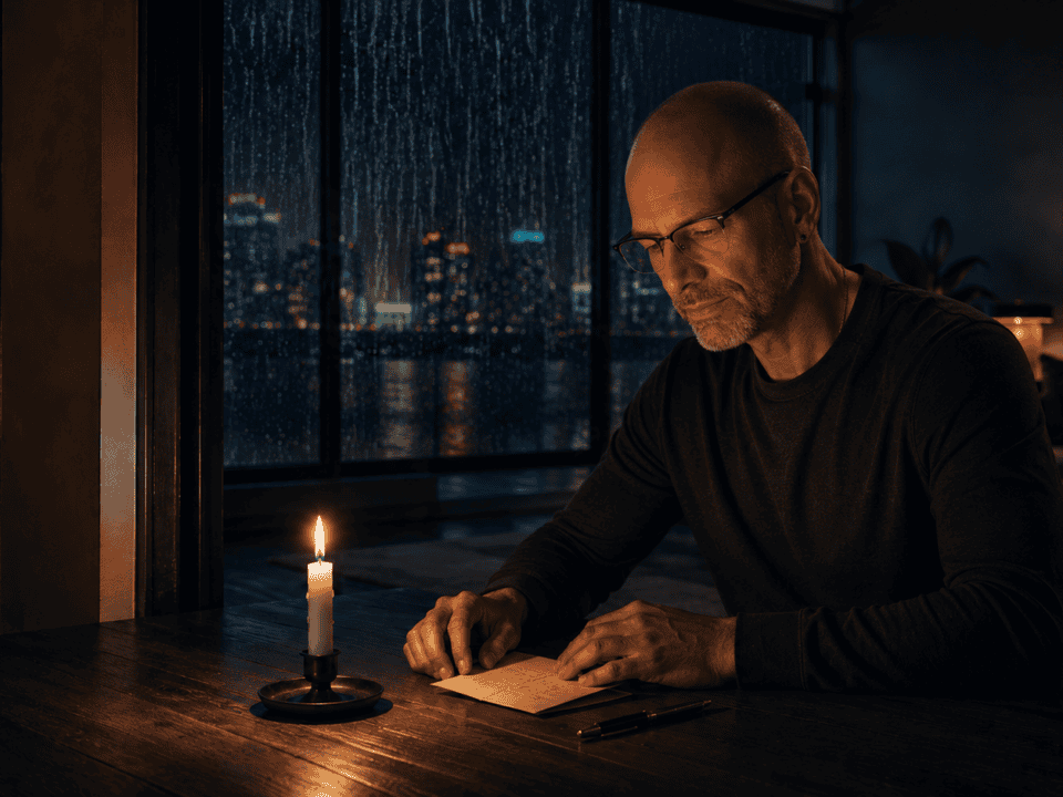 Man reading a book by candlelight during a rainy night.