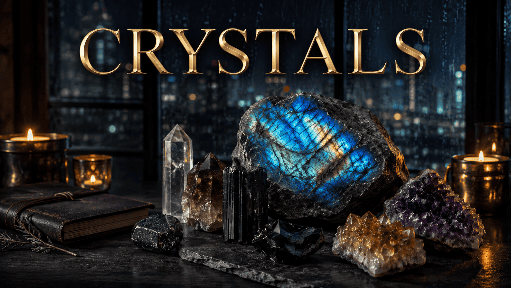 Collection of vibrant crystals and geodes on a dark wooden table with city lights in background.
