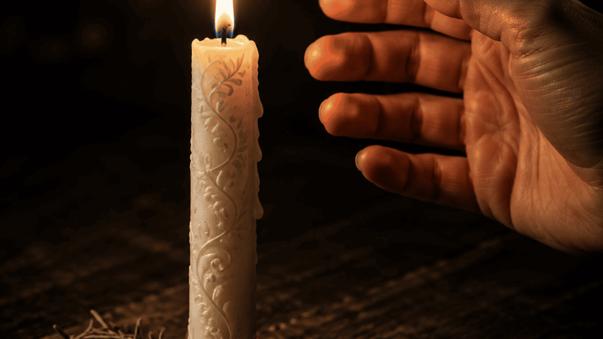 Close-up of a lit candle with a hand reaching towards it in a dark environment.