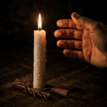Candle Magic for Beginners: A Simple Guide to Getting Started 5 Close-up of a lit candle with a hand reaching towards it in a dark environment.