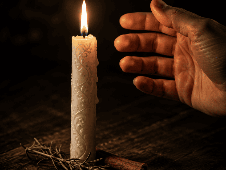 Close-up of a lit candle with a hand reaching towards it in a dark environment.