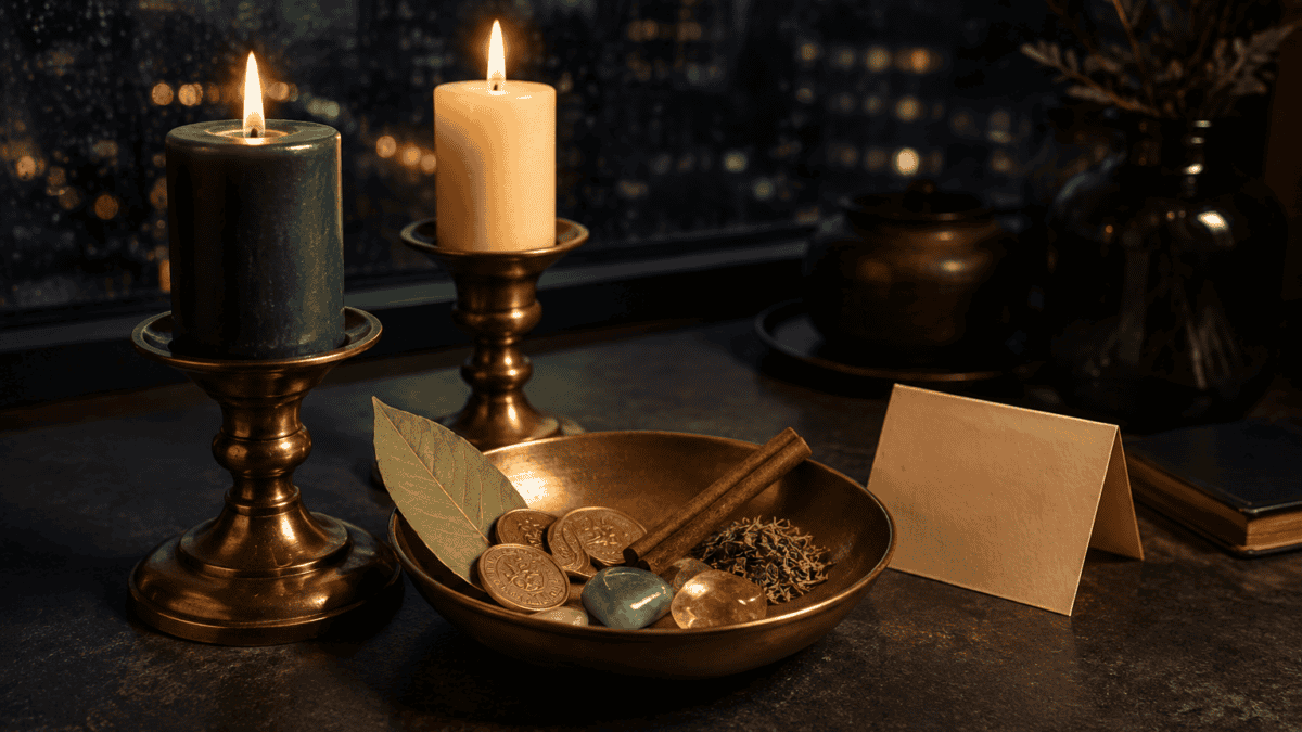 Prosperity Bowl Ritual for New Opportunities 6 Two lit candles on brass holders with coins and a blank card on a dark table.