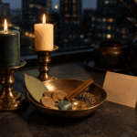 Two lit candles on brass holders with coins and a blank card on a dark table.
