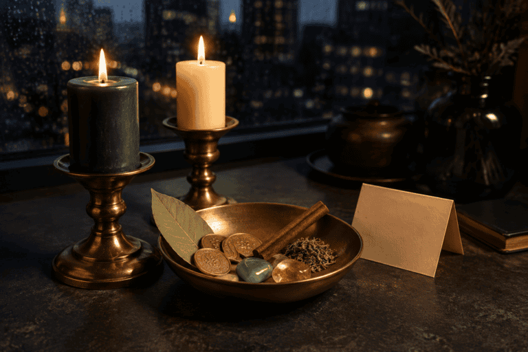 Prosperity Bowl Ritual for New Opportunities 11 Two lit candles on brass holders with coins and a blank card on a dark table.