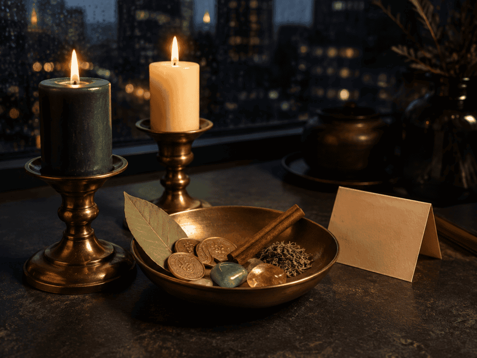 Two lit candles on brass holders with coins and a blank card on a dark table.